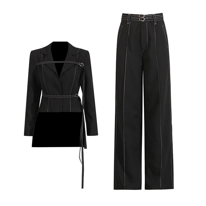 K Temperament Two-piece Set With High-end Feel, New Irregular Hem Top, High Waisted Lace Up Pants_ecoleips.com