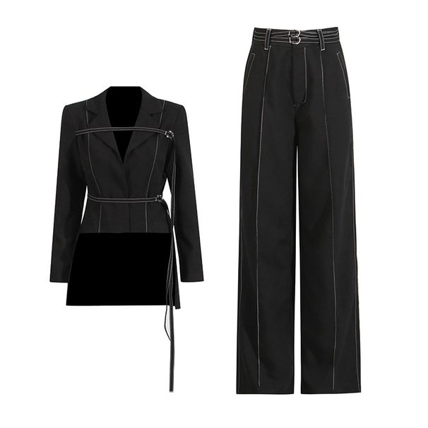 K Temperament Two-piece Set With High-end Feel, New Irregular Hem Top, High Waisted Lace Up Pants_ecoleips.com