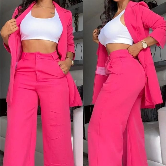 Women's Clothing Elegant Solid Color Split Sleeve Lapel Suit Pocket Straight Pants Suit_ecoleips.com