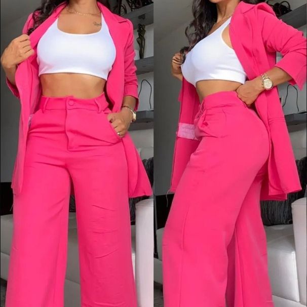 Women's Clothing Elegant Solid Color Split Sleeve Lapel Suit Pocket Straight Pants Suit_ecoleips.com