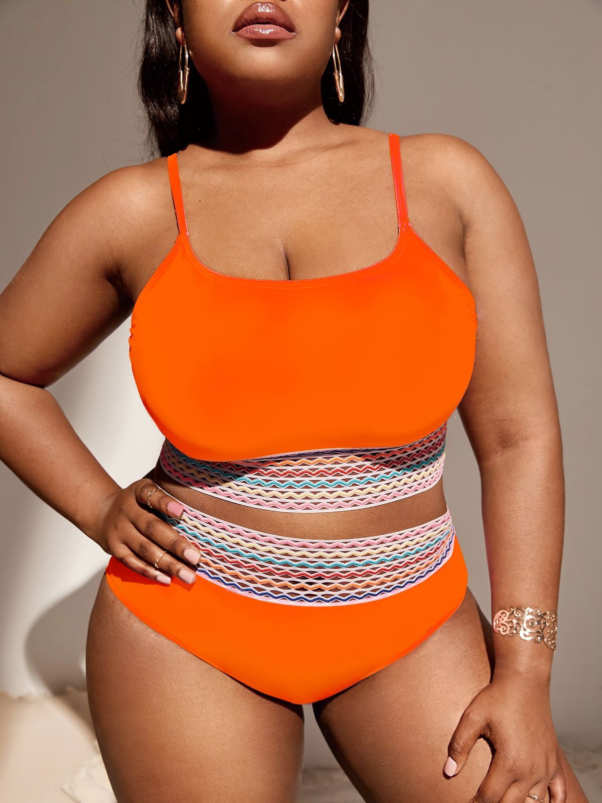 2026 Orange Contrast Trim Swimsuit Women Plus Size Swimwear Female High Waist Bathers Bathing Swimming Suit Summer Beachwear_ecoleips.com