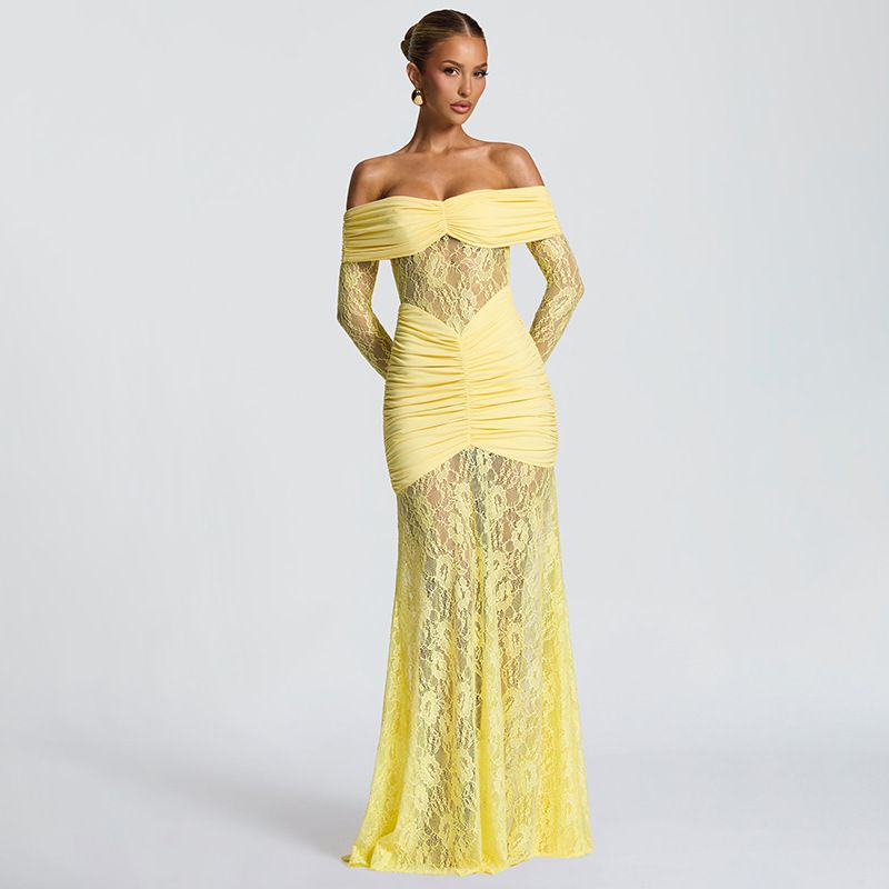 Elegant Lace-Trimmed Off-Shoulder Slit Dress – Long Sleeve Ruffled Maxi Dress For Women Body-Skimming A-Line Silhouette_ecoleips.com