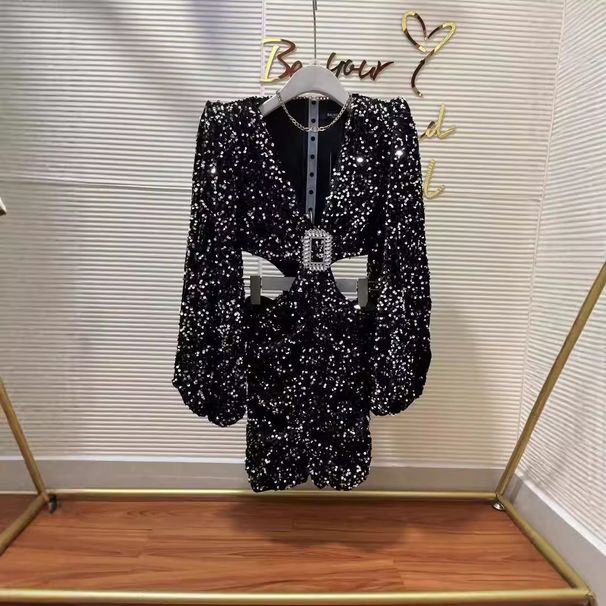Women’s Clothing Glittery Look Elegant Temperament Party Dress Sequin Sexy Waist Revealing Square Ring Hollow Beaded Dress_ecoleips.com