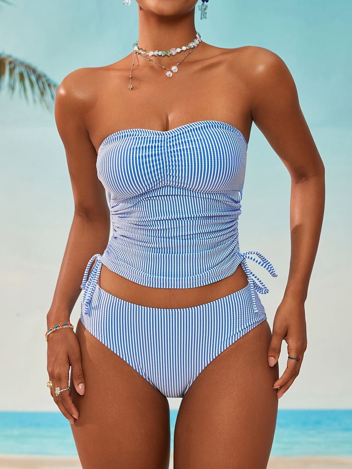 Women's High Waisted Tie-Up Two Piece Swimsuit Sexy Strapless Slim Fit Bikini Swimwear_ecoleips.com