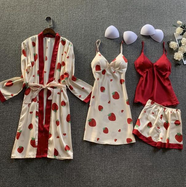 Women's Clothing large size home clothes printing four piece set fashionable and comfortable lace pajamas set_ecoleips.com