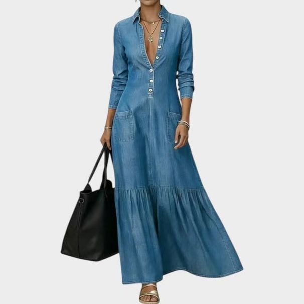 Retro American Style Women's Denim Dress High Waist Cinching Long Summer Fashion Dress_ecoleips.com