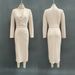 Elegant V-Neck Bodycon Midi Dress For Women | High Waist Slit Hem Office Dress In Khaki Versatile Midi Length_ecoleips.com