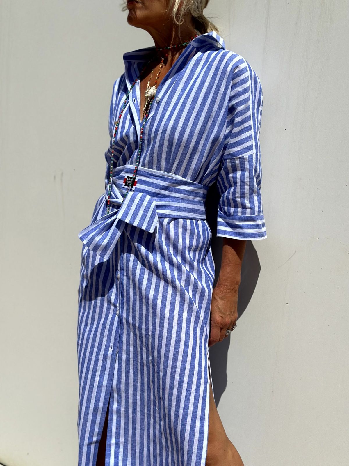 Women's Striped Cardigan With Five-Quarter Sleeves, Collar, And Shirt Dress 8061_ecoleips.com