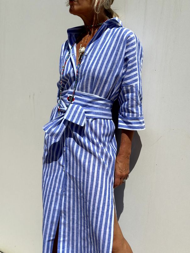 Women's Striped Cardigan With Five-Quarter Sleeves, Collar, And Shirt Dress 8061_ecoleips.com