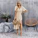 Women Elegant Solid Color V‑Neck Short Sleeve Dress, High Waist Slimming Split Hem Long Maxi Dress For Daily Party Occasions_ecoleips.com