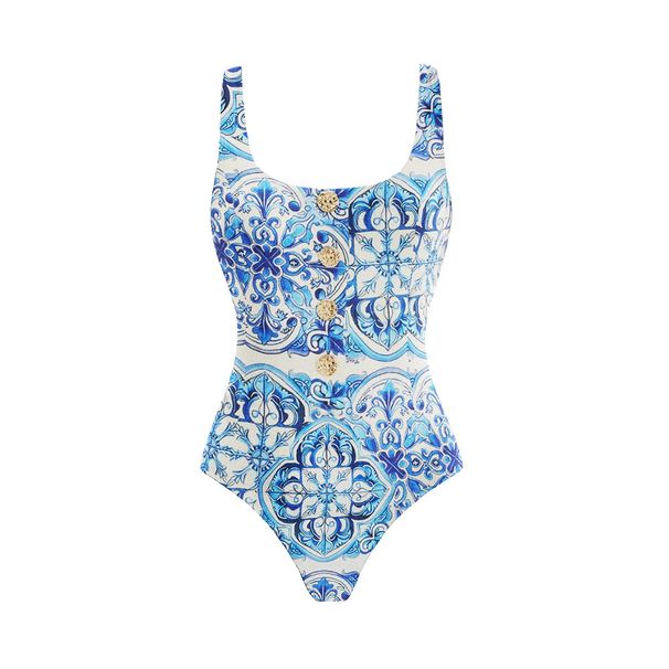 Women's Blue White Porcelain Print One Piece Swimsuit Sleeveless Wire-Free Vacation Suit_ecoleips.com