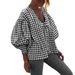 Women's Clothing New Round Neck Ruffled Neck Puff Sleeve Loose Plaid Shirt Lazy Top_ecoleips.com