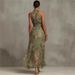 Women's Green Floral Print Halter Maxi Dress Sleeveless High Neck Ruched Waist Chiffon Flowy Evening Party Dress_ecoleips.com
