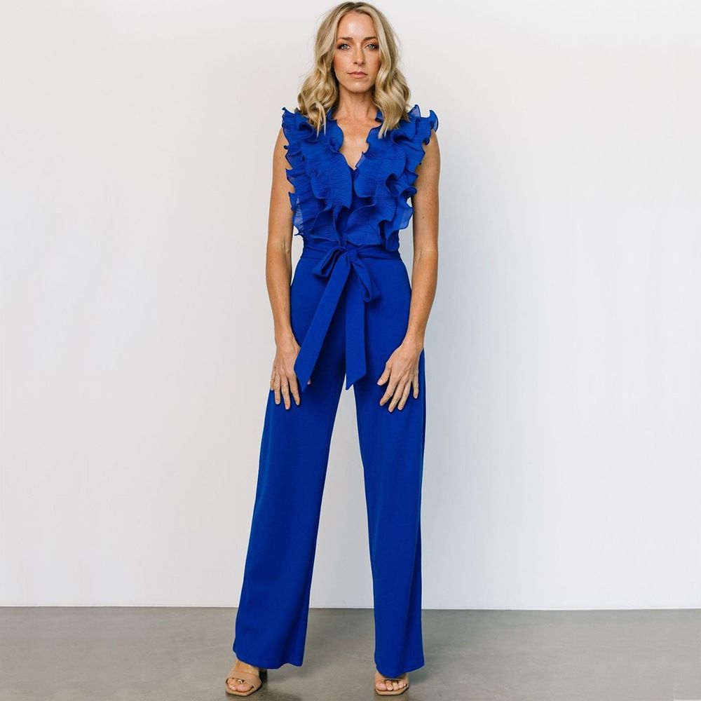 Women's Clothing Sexy V Neck Backless Wood Ear Edge Lace Up Jumpsuit Casual Long Comfortable Slim Women's Clothing_ecoleips.com