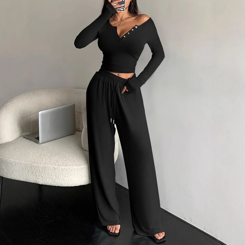 2026 Spring/Autumn Short-Sleeved V-Neck Button-Up T-Shirt With Long Pants Set_ecoleips.com