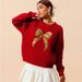 Women's Loose Knit Sweater With Beaded Embroidery & Bow Detail Long Sleeve Round Neck Pullover Top_ecoleips.com