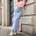 Women's Bow-Tie Pearl Denim Midi Skirt – Stretch-Free A-Line Skirt For Casual & Streetwear | XS-L (Blue)_ecoleips.com