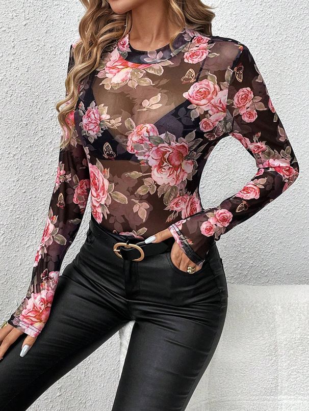 Women's Clothing New Elegant Rose Flower Print Small Stand Collar Mesh Slim Fit Tops For Women_ecoleips.com