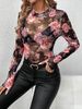 Women's Clothing New Elegant Rose Flower Print Small Stand Collar Mesh Slim Fit Tops For Women_ecoleips.com