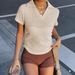 Aria Basics Aria Basics European And American Foreign Trade Simple Striped T-Shirt Women's Summer Comfortable Loose Polo Collar Deep V_ecoleips.com