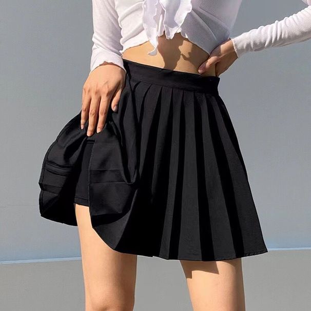 Sports Letter Solid Embroidery Academy Style Anti Glare Pleated Half Short Skirt Women_ecoleips.com