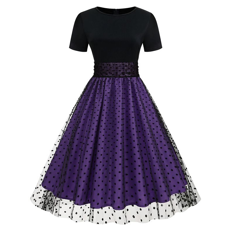 Women's Retro Hepburn Dress Round Neck Short Sleeve Polka Dot Patchwork French Style Luxury Light_ecoleips.com