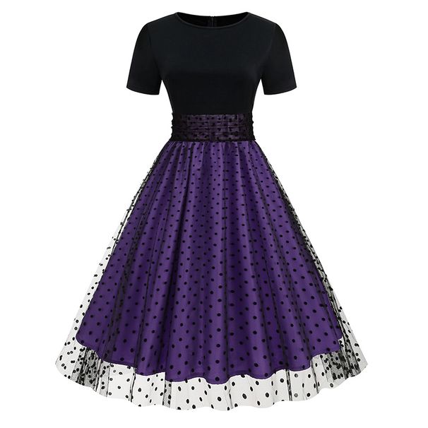 Women's Retro Hepburn Dress Round Neck Short Sleeve Polka Dot Patchwork French Style Luxury Light_ecoleips.com