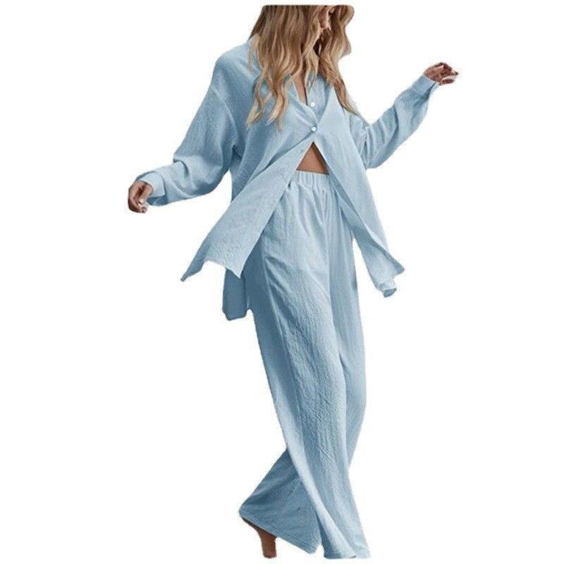 Women's 2 Piece Fashionable Office Suit Long Sleeved Lapel Shirt And Elastic Pants Set European And American Style_ecoleips.com