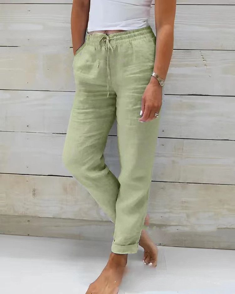 Women's Clothing High Waist Elastic Waist Solid Color Cotton And Linen Casual Pants_ecoleips.com