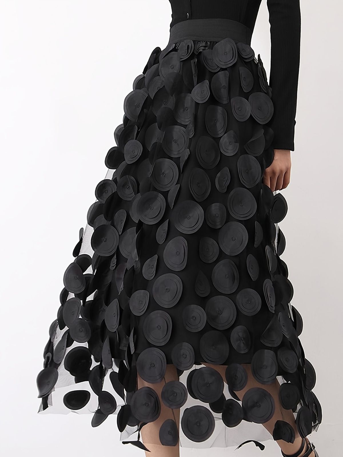 Women's 3D Decorative Patches Mesh Panels Lined Midi Skirt Casual A-Line_ecoleips.com