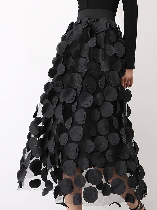 Women's 3D Decorative Patches Mesh Panels Lined Midi Skirt Casual A-Line_ecoleips.com
