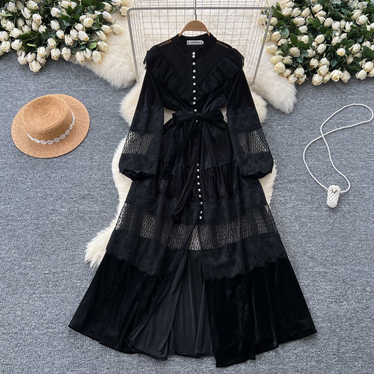 Women's Palace Style Dress French Retro Fashion Stand Collar Pearl Single-Breasted Lace Splicing Velvet Long Skirt_ecoleips.com