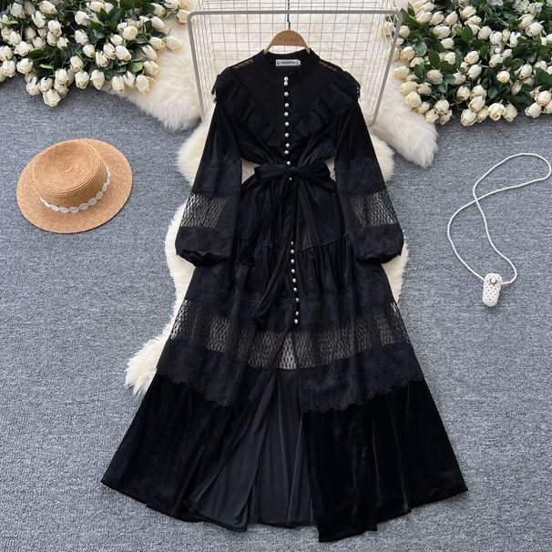 Women's Palace Style Dress French Retro Fashion Stand Collar Pearl Single-Breasted Lace Splicing Velvet Long Skirt_ecoleips.com