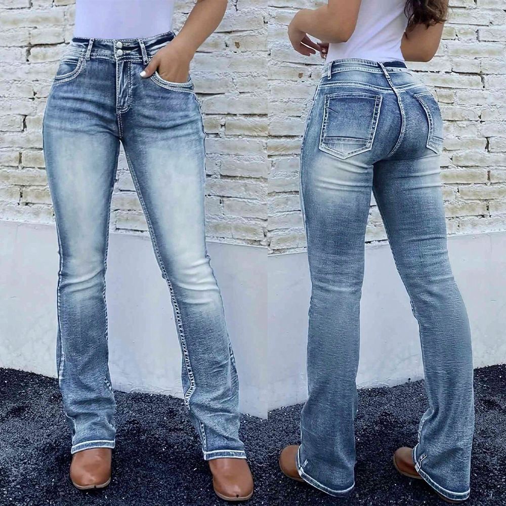 Women's Clothing Women's Retro Embroidered Patchwork Flared Denim Trousers Stretch Pocket Washed Look For Formal & Casual For Women_ecoleips.com