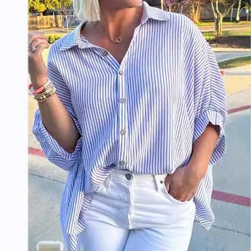 Women's Clothing Classic Stripe Button-Down Shirt For Women, Mid-Sleeve Casual Top For Spring And Summer_ecoleips.com