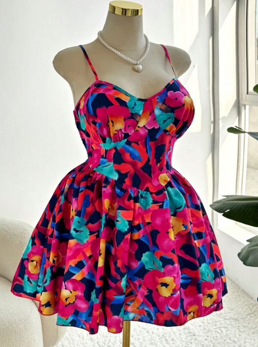 2026 Curvy Digital Print Cami Dress, Smocked Elastic Waist Lace Trim Long Sundress Spring Summer Vacation Outfit_ecoleips.com