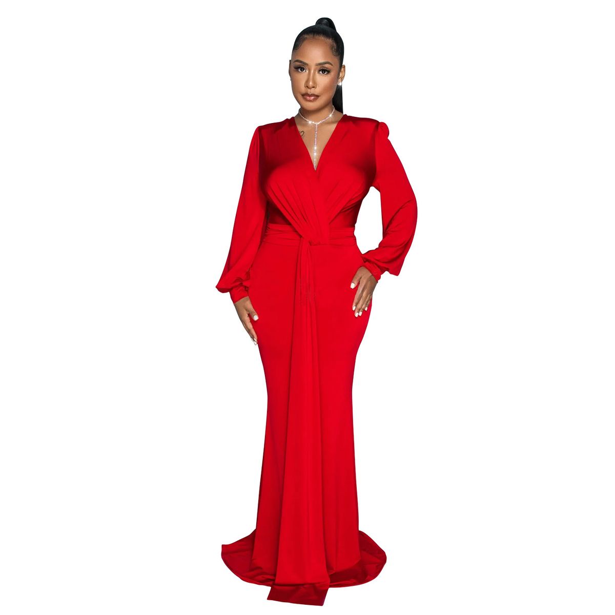 Women's Clothing fashion women's solid color sexy deep V pleated long skirt dress for women_ecoleips.com