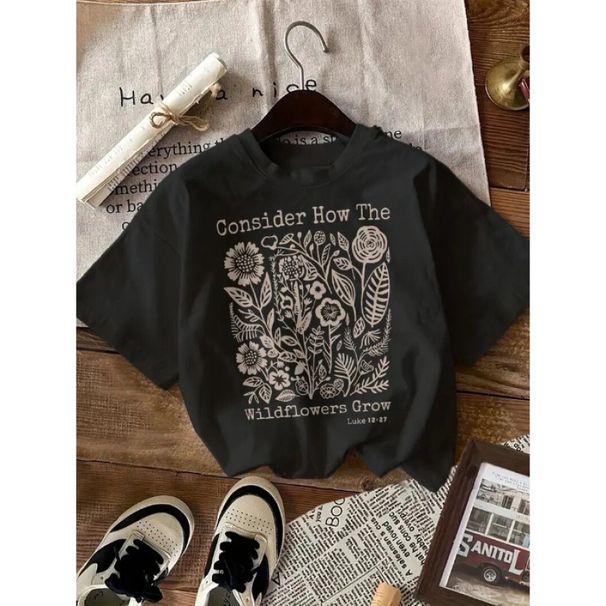 Women's 100% Pure Cotton T-Shirt Short Sleeved Versatile Elegant Retro Style European American Style Youthful Fashionable Print Trendy Loose Fit_ecoleips.com