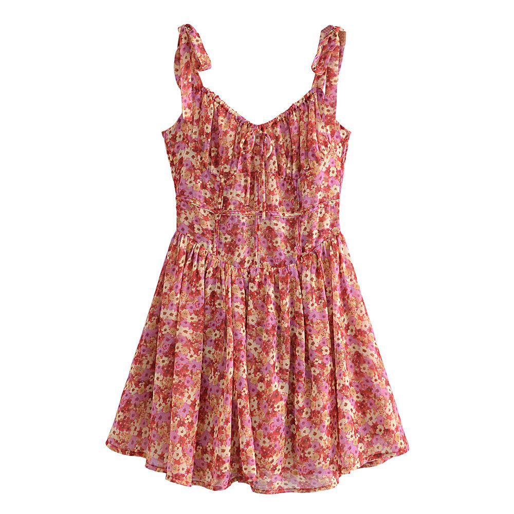 YPFF Trendy Women's European And American Style Vintage Floral Tie-Waist Lined Strap Dress_ecoleips.com