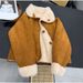 Women's Reversible Suede-Look Shearling Jacket – Winter Polo-Collar Coat With Double-Faced Warmth (Brown/Camel/Yellow, M-XL)_ecoleips.com