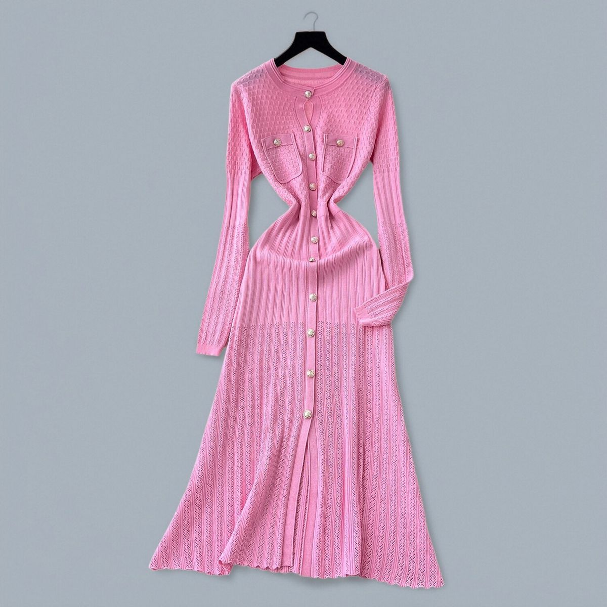 Elegant Metal Buckle Waist-Defining Dress - Slimming Knitted Maxi Dress With Lace Detailing For Women, Autumn Winter Fashion_ecoleips.com