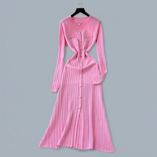 Elegant Metal Buckle Waist-Defining Dress - Slimming Knitted Maxi Dress With Lace Detailing For Women, Autumn Winter Fashion_ecoleips.com