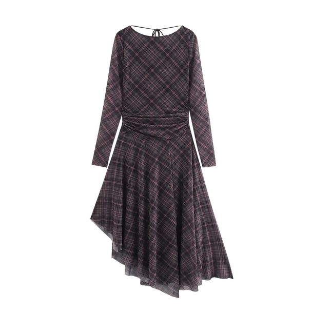 Women's Clothing Autumn New Women's Fashion Retro Plaid Pleated Tulle Dress 5039 284_ecoleips.com
