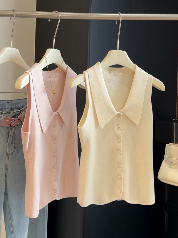 Women's High-End Polo Collar Ice Silk Knitted Vest Sleeveless Top Slim Fit Lapel New Summer Style_ecoleips.com