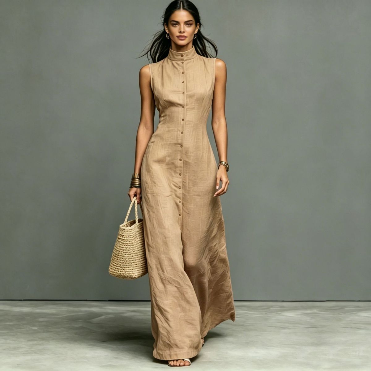 New Women's Minimalist Elegant Stand Collar Single Breasted Sleeveless Maxi Dress Fashionable_ecoleips.com
