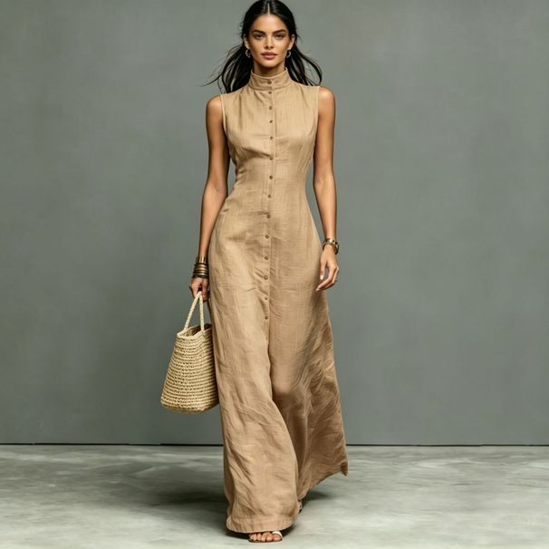 New Women's Minimalist Elegant Stand Collar Single Breasted Sleeveless Maxi Dress Fashionable_ecoleips.com