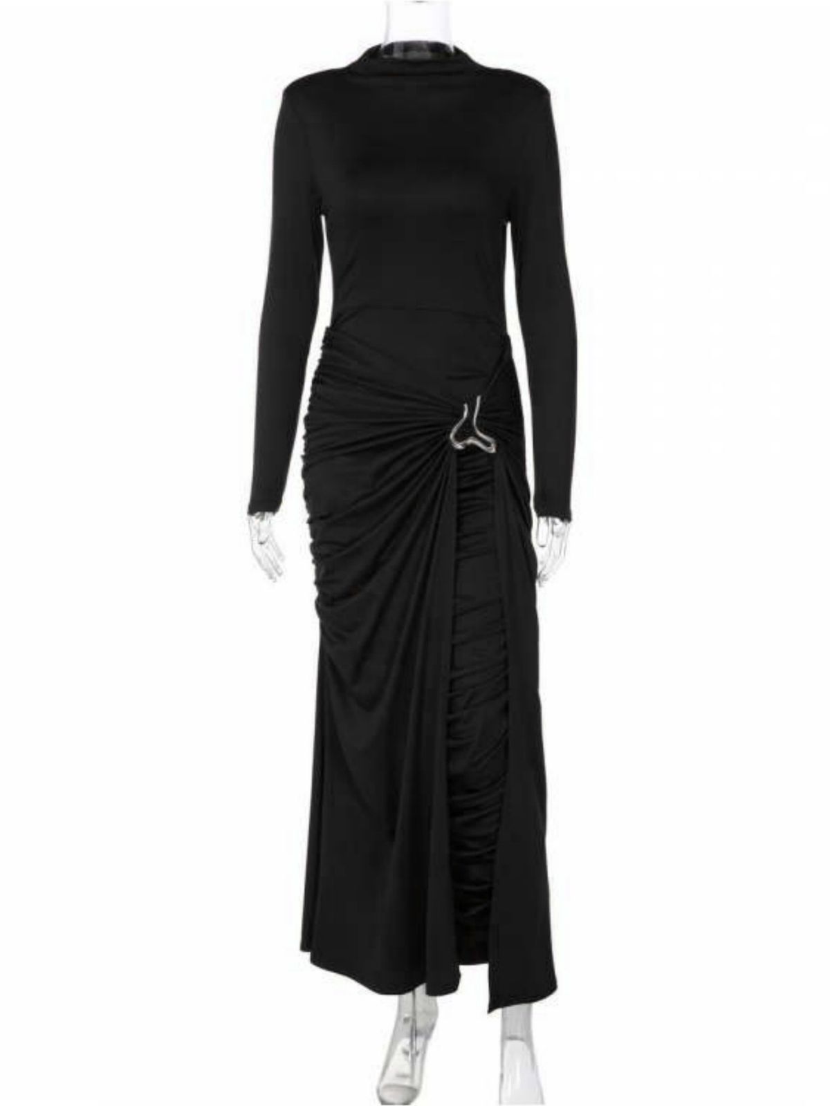 Women's Long Dress European American Style round Neck Solid Color Autumn Winter Fashion Elegant Decorative Ring Buckle Long Sleeves_ecoleips.com