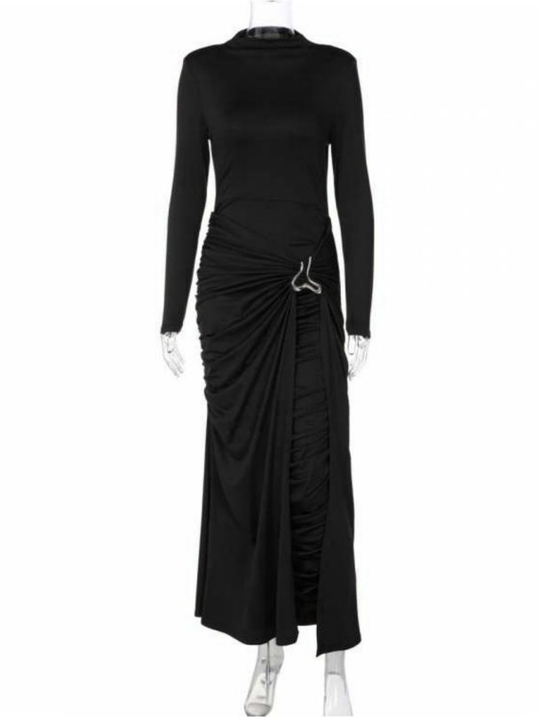 Women's Long Dress European American Style round Neck Solid Color Autumn Winter Fashion Elegant Decorative Ring Buckle Long Sleeves_ecoleips.com