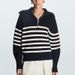 Women's Wool Blend Striped High Neck Sweater - Thick Knit Oversized Pullover With Lantern Sleeves & Zip Detail_ecoleips.com