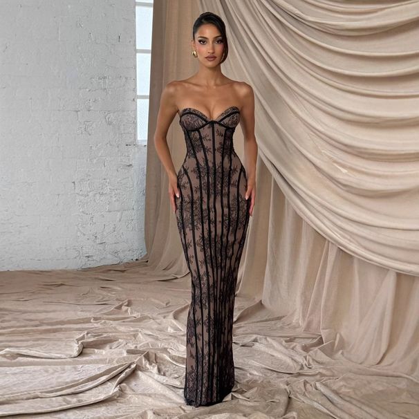 Women's Sexy Lace Panel Strapless Backless Bodycon Maxi Dress – Elegant Evening Party Gown_ecoleips.com